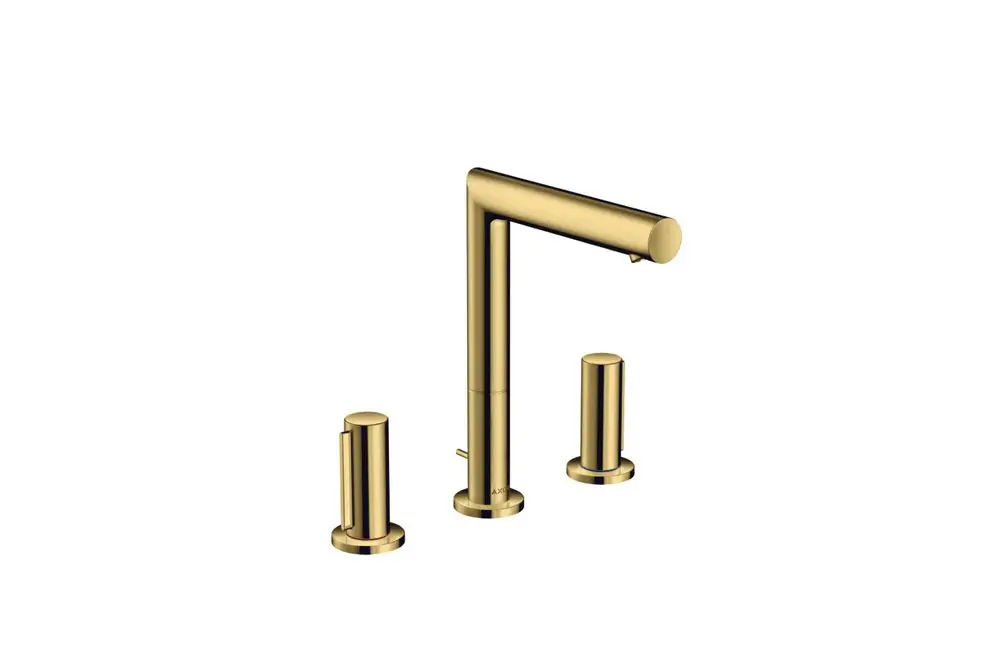 Waschtischarmatur in Polished Gold Optic von AXOR, bestehend aus einem hohen schlanken Wasserhahn und zwei Steuergriffen. Minimalistisches Design mit drei Montageelementen.